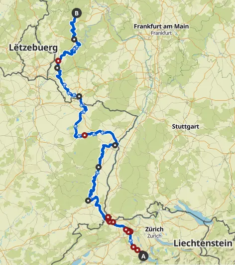 Streckenführung der Hinfahrt auf einer Karte