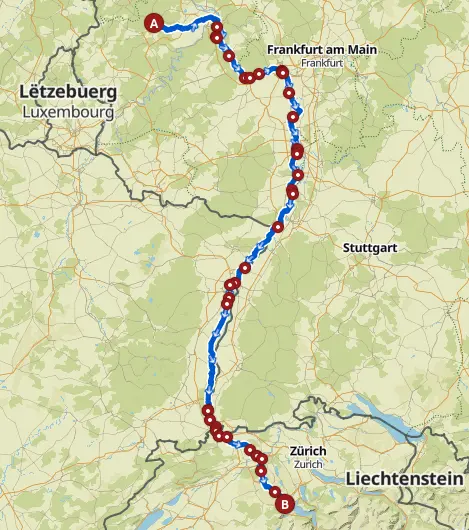 Streckenführung der Rückfahrt auf einer Karte
